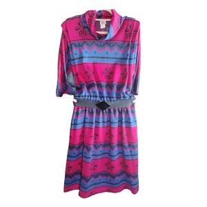 Vintage Miss Oops Cowl Neck Dress USA Made Pink Blue Aztec Print Size 14